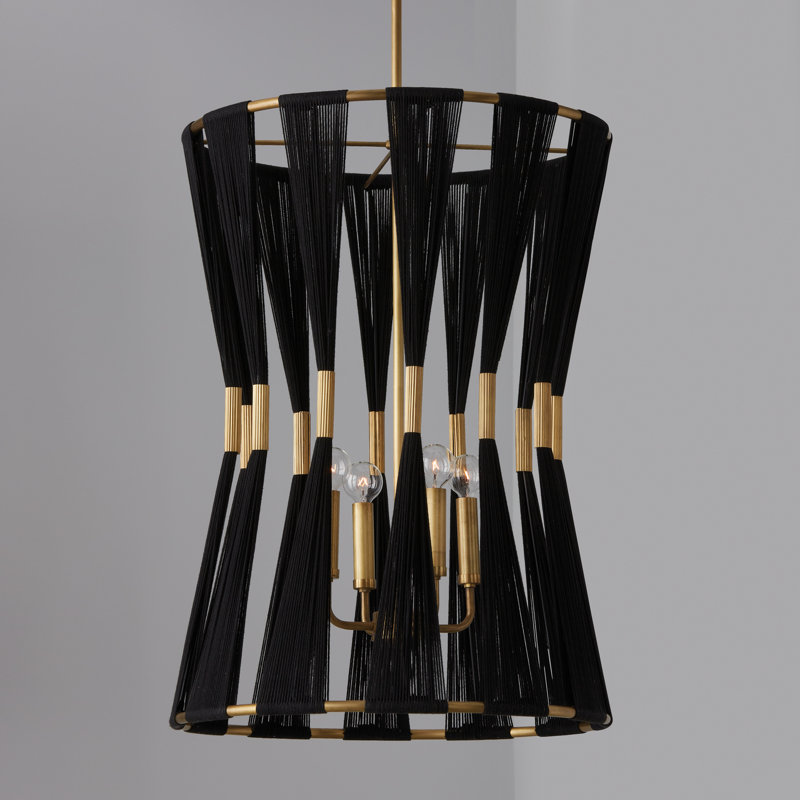 Luminaire suspendu tambour à 4 lumières Gearalt, Corde noire / laiton patiné