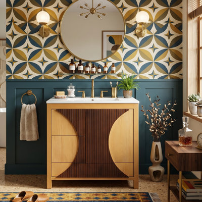 Meuble-lavabo 30 po Mid-Century avec lavabo intégré, armoire en bois massif avec porte et panneaux cannelés bicolores, bois naturel