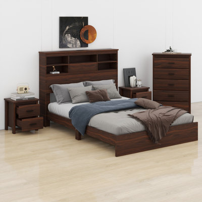 Ensemble de meubles de chambre à coucher modernes 4 pièces, lit en bois avec tête de rangement et station de charge, 2 tables de chevet et commode