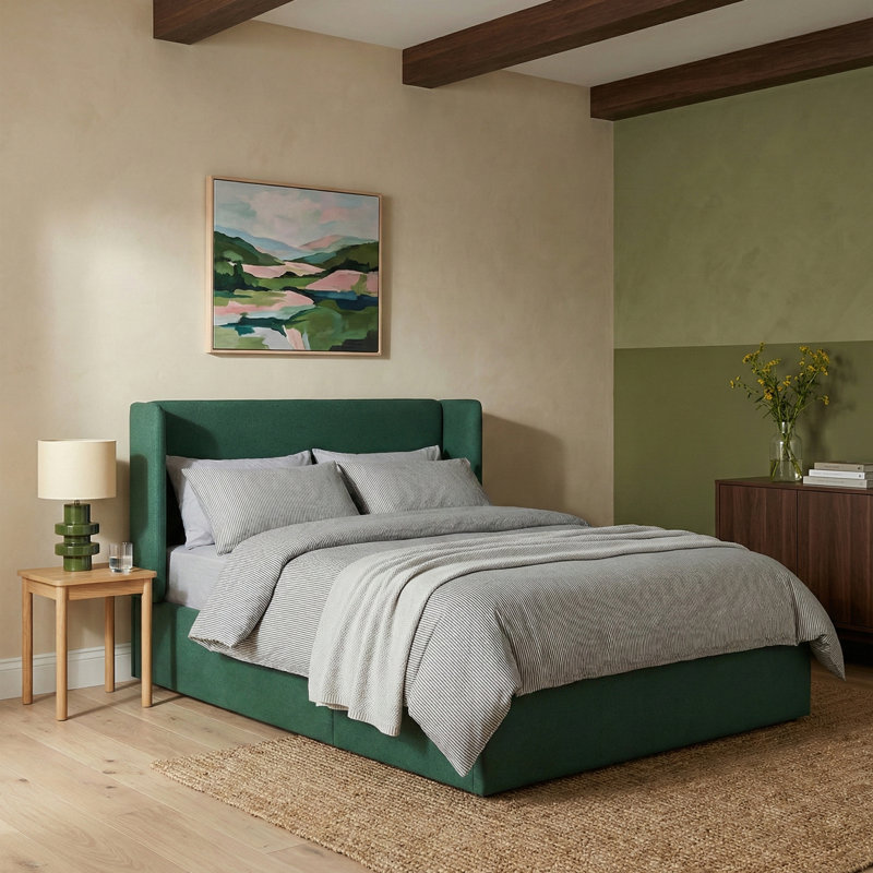 Lit plateforme tapissier avec rangement Gaillarde, Double, Vert foncé