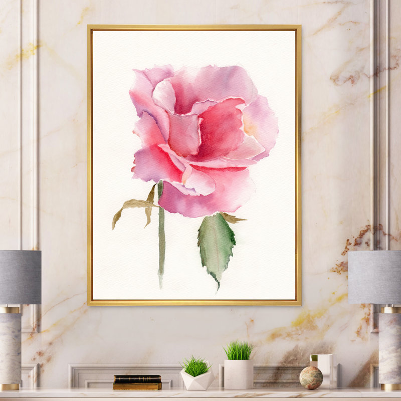 Fleur rose vif rétro - peinture sur toile, H 40 po x l 30 po x P 1,5 po, Cadre flottant doré