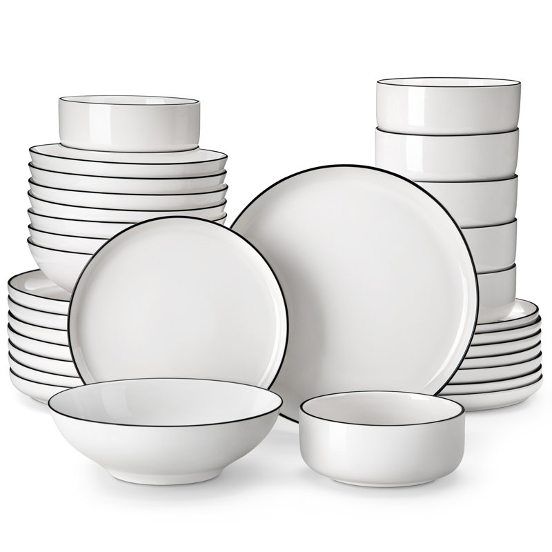 32 Pieces Dinnerware Set, Round Plate, Vertical Edge, Plain White With Black Border, Dinner Plate, Dessert Plate, Bowl And Soup Plate, Serve For 8 Person, Microwave Friendly And Dishwasher Friendly