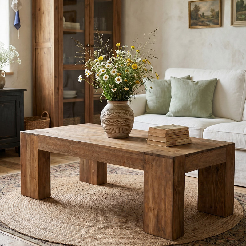 55" Large Solid Wood Coffee Table for Living Room, Farmhouse Center Table with Heavy-Duty Legs