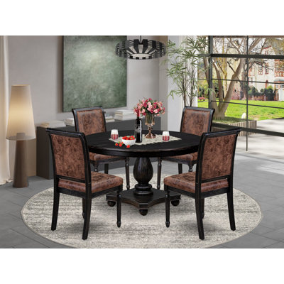 L'ensemble de table de salle à manger 5 pièces se compose d'une table et de 4 chaises de salle à manger en tissu de polyester brun avec dossier haut - fini noir sablé