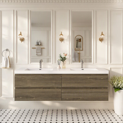 Meuble-lavabo suspendu de 183 cm avec lavabo, meuble-lavabo mural moderne avec lavabo à surface solide, deux lavabos et quatre tiroirs à fermeture amortie, gris cendré GF-24V11-72AG-W1573P152709