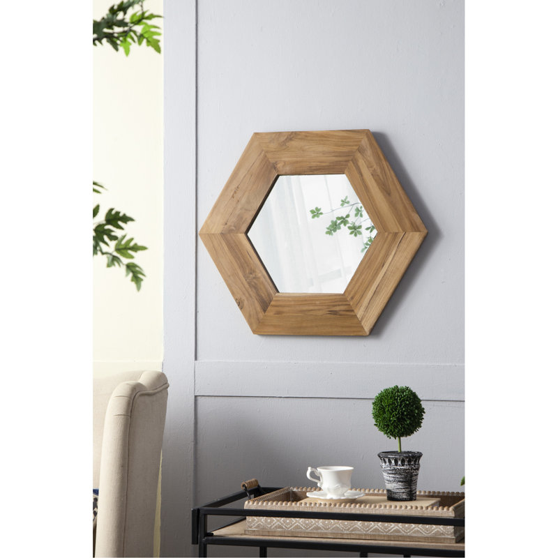 Miroir hexagonal 18,5 po avec habillage en bois pour murs, Naturel