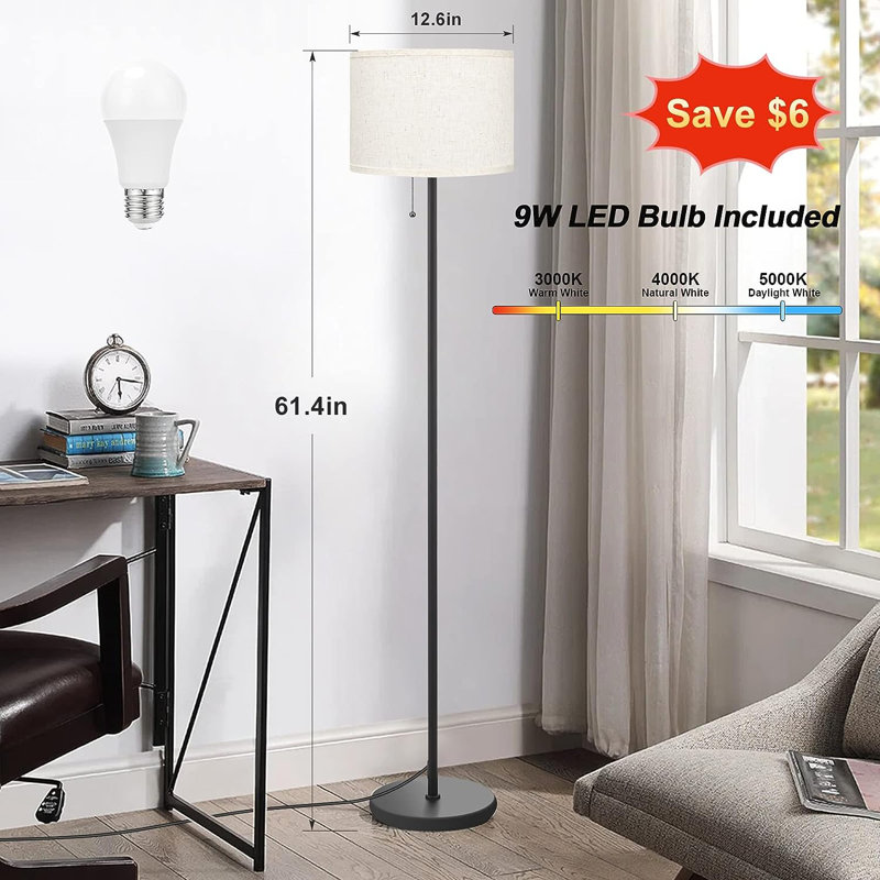 Floor Lamp For Bedroom, 3 Color Temperature LED Floor Lamp With Pull Chain Switch, Modern Standing Lamps For Living Room, Office, Kids Room, Reading(Bulb Included, White Shade)