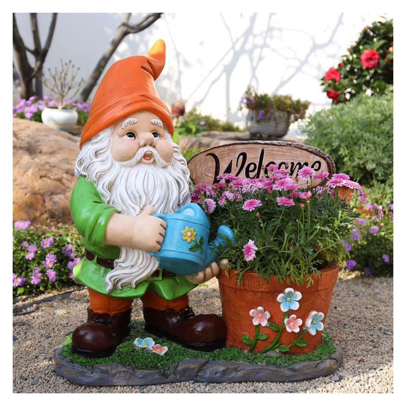 Statue de nain de jardin en résine pour l'extérieur, avec jardinière et panneau de bienvenue, décor de jardin orange