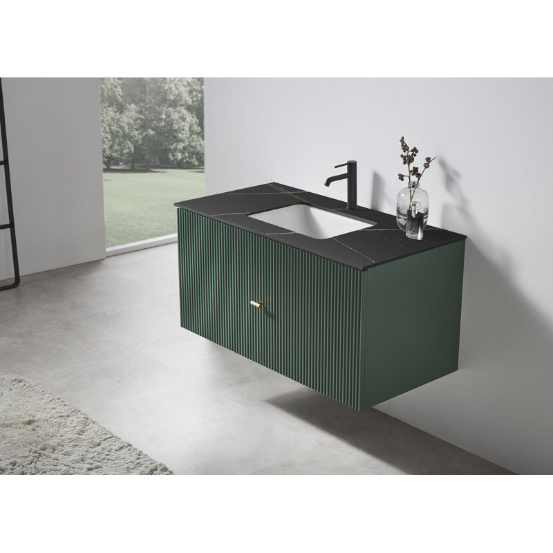 Meuble-lavabo simple 42 po avec plateau en pierre reconstituée Jamell, Vert forêt, Noir