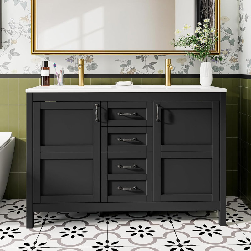 48" Farmhouse Double Sink Bathroom Vanity With 3 Drawers & Doors, Black