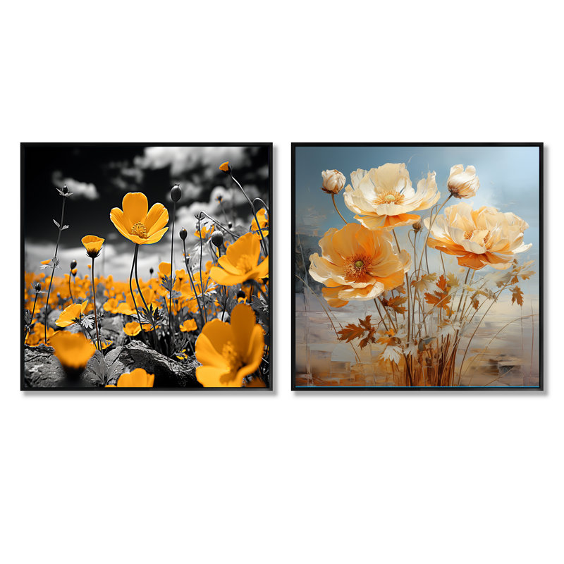 Jaune Buttercups Buttercup Meadow - ensemble de 2 collages floraux carrés, Cadre flottant noir, H 16 po x l 33 po