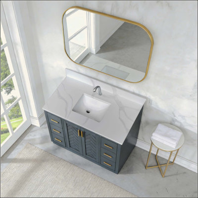 Dessus de meuble-lavabo en quartz, lavabo central encastré à simple cuve de 3/4 po d'épaisseur, dosseret de 4 po de hauteur, 3 trous de robinet pré-percés, résistant aux taches et à la chaleur, quartz avec veines