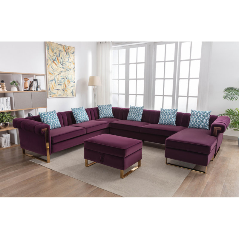 Modern Sofa 130.5" Velvet 8-Seater Sectional Sofa With Reversible Chaise And Storage Ottoman, Mauve
