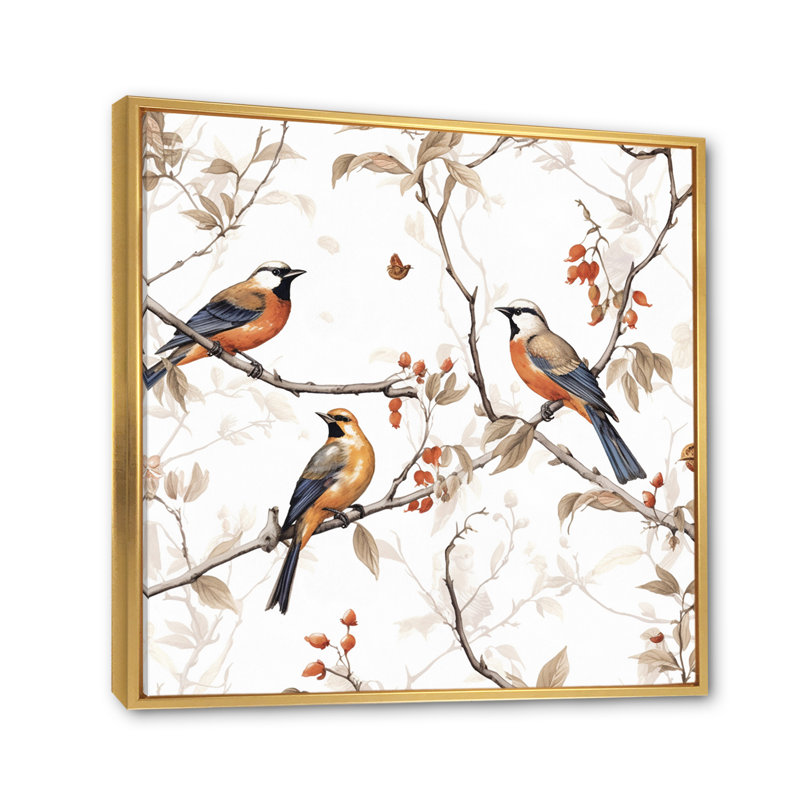 Oiseaux bruns sur arbres II - art mural oiseau, H 30 po x l 30 po x P 1 po, Cadre flottant doré