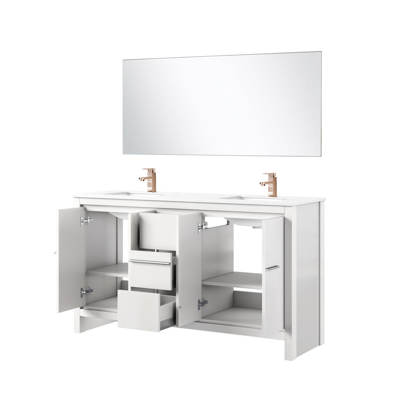 Meuble-lavabo double blanc l 60 po x P 20 po, comptoir en marbre de culture, robinet en or rose, miroir de 55 po et surface de bain 60 po, 20 po, 55 grattoirs