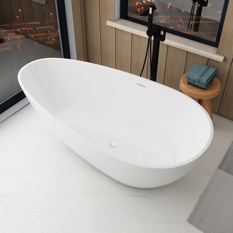 59" Freestanding Soaking Solid Surface Bathtub In Matte White