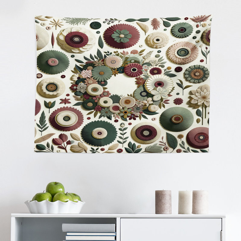 Winston Porter Flower Wall Hanging Tapestry Contemporary Roundy Floral Eggshell Dried Rose Green, H 23 po x l 28 po