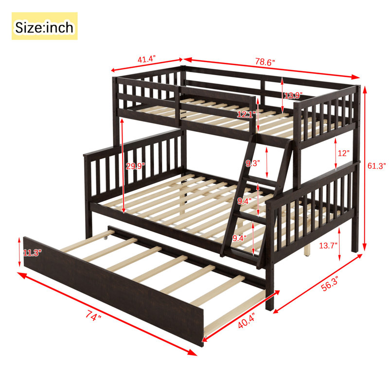Sotion Kids Bunk Bed with Trundle, Twin Over Full, Espresso