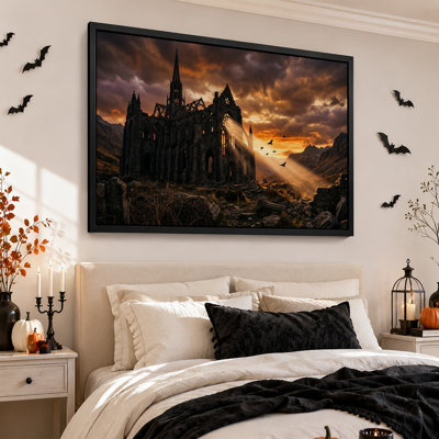 Cathédrale gothique en ruines baignée de rayons de soleil pour l'Halloween - Toile murale