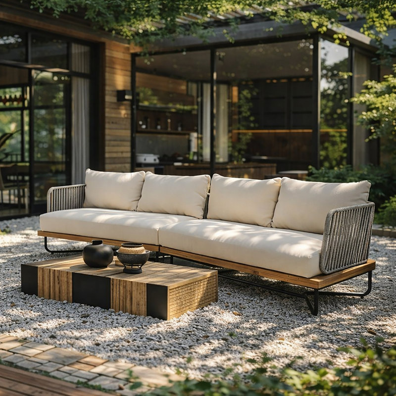Ensemble de canapé modulaire d'extérieur en bois d'acacia tissé avec corde, coussins beiges résistants à l'eau