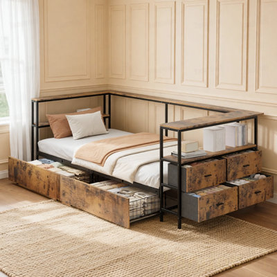 Base de lit simple d'angle Structure de lit plateforme simple en métal avec tiroirs de rangement Lit de jour simple pour enfants et adolescents, cadre de lit pour enfants