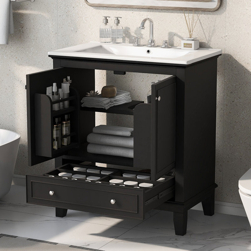 Meuble-lavabo 30 po avec lavabo, armoire de salle de bain multifonctionnelle avec portes et tiroir, bois massif et panneau de fibres à densité moyenne