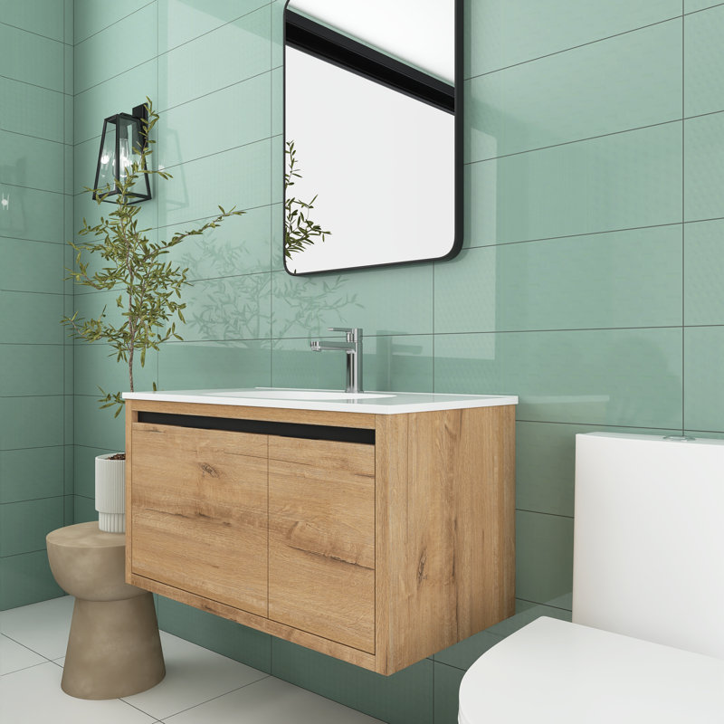 Meuble-lavabo mural simple 35,4 po avec plateau en résine Hernani, Imitation chêne