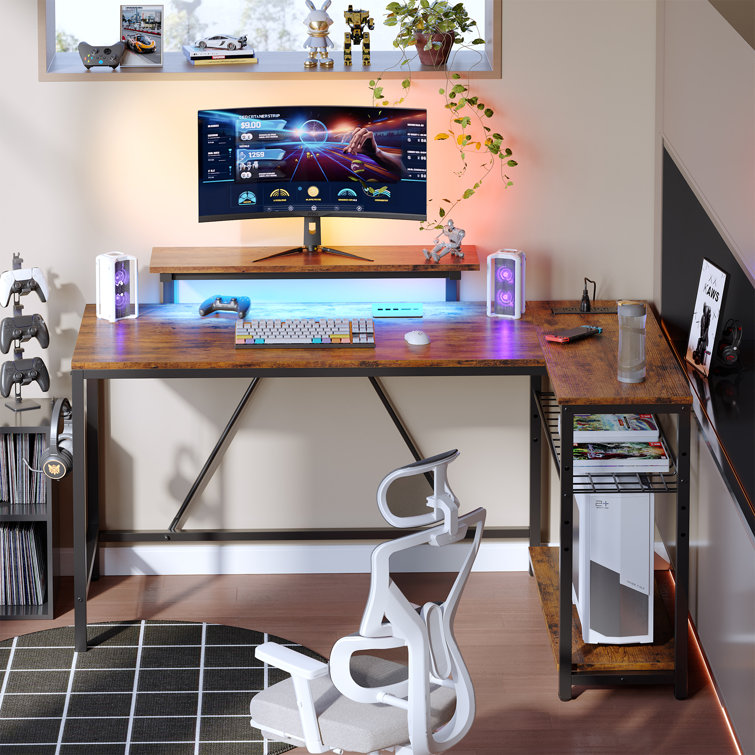 Nedyo 52'' W L-Shaped Computer Desk with Power Outlet, LED Gaming Work Desk with Shelves