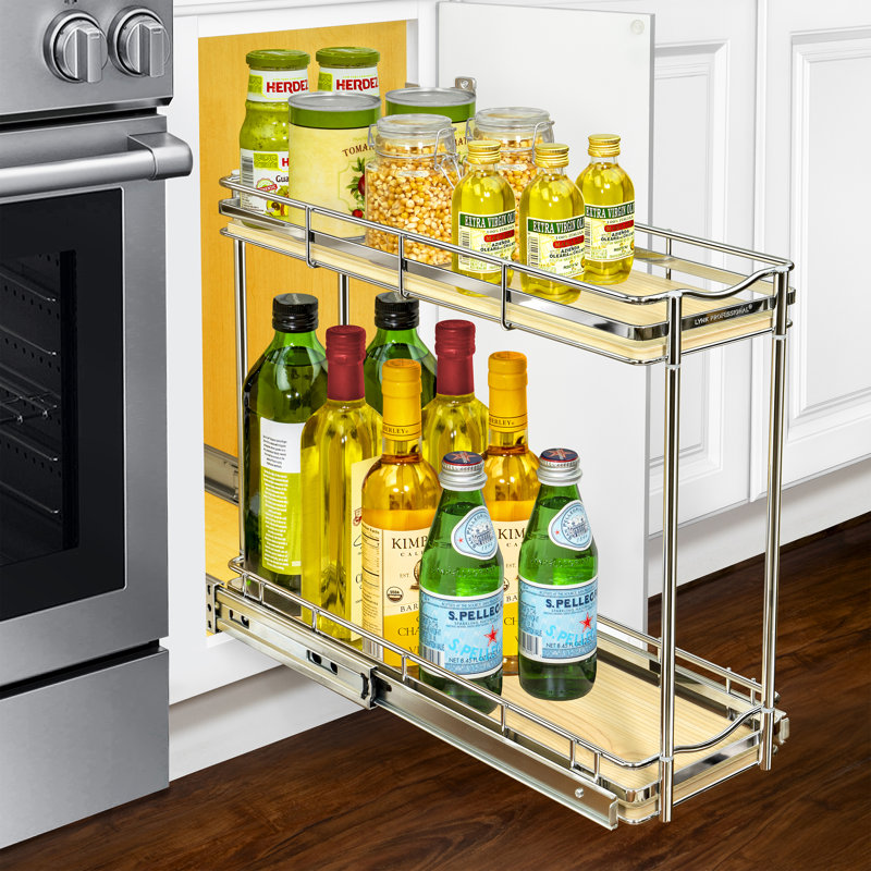 Expandable Chrome and Wood 2-Tier Pull-Out Spice Rack