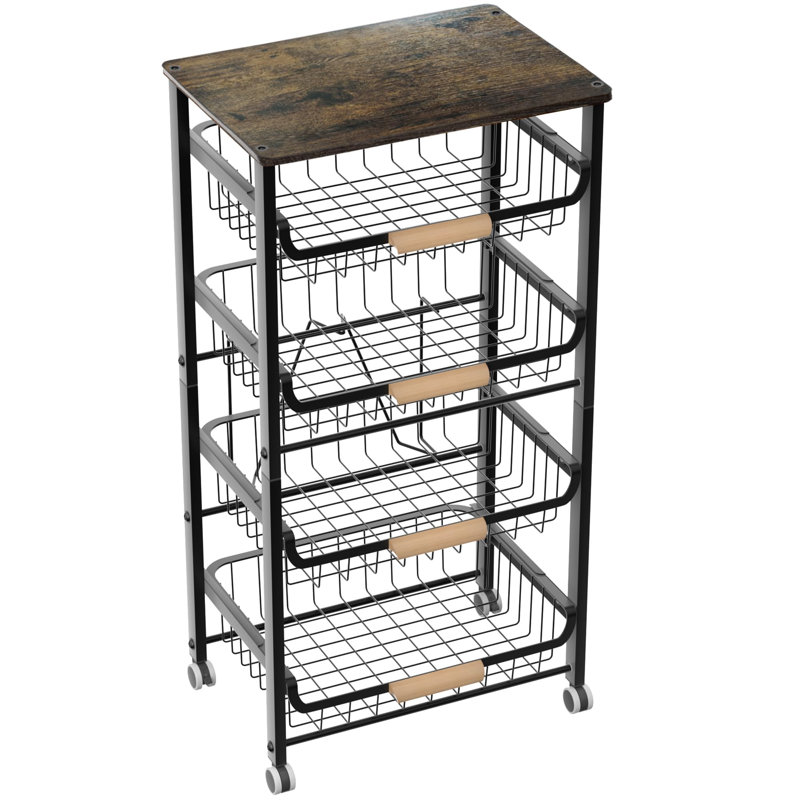 Fruit Basket Kitchen Food Organizer and Rack, Stackable Storage Cart with Desktop, Pull-Out Hollow Metal Basket, Sliding Out Storage