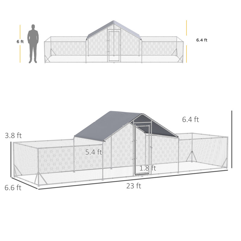 Poulailler en métal, imperméable, spacieux pour poulets, canards, lapins, 23 pi x 6,6 pi 6,4 verges,