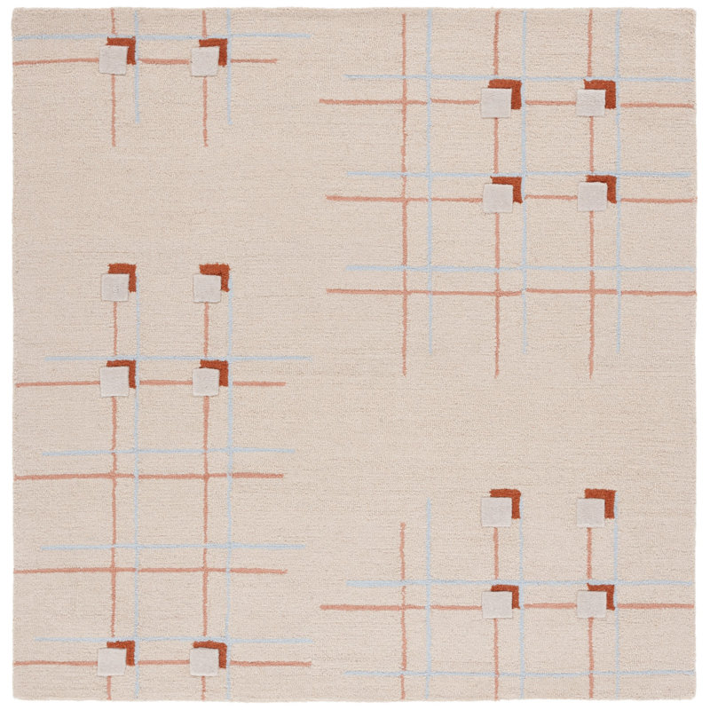 Tapis géométrique beige / rouille en laine / coton touffeté à la main Juliam, Carré 4 pi