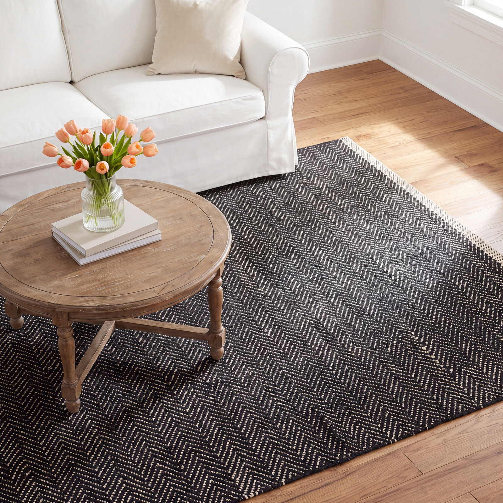 Herringbone Black Flatweave Chevron Cotton Rug, Rectangle 8'6" x 11'6"