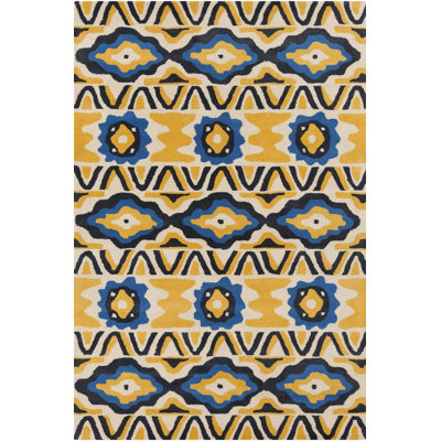 Cloral Authentic Hand-Tufted Handmade Yellow, Cream, Blue & Navy Modern Southwestern Geometric Wool Area Rug