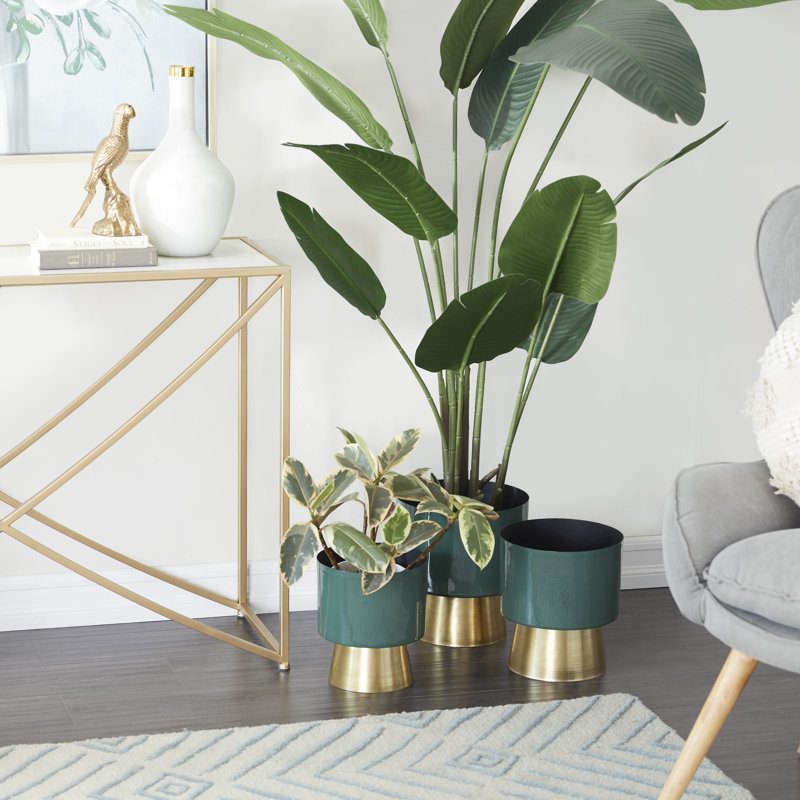 Ensemble de jardinières d'intérieur en métal 3 pièces avec base dorée Badiu, Vert