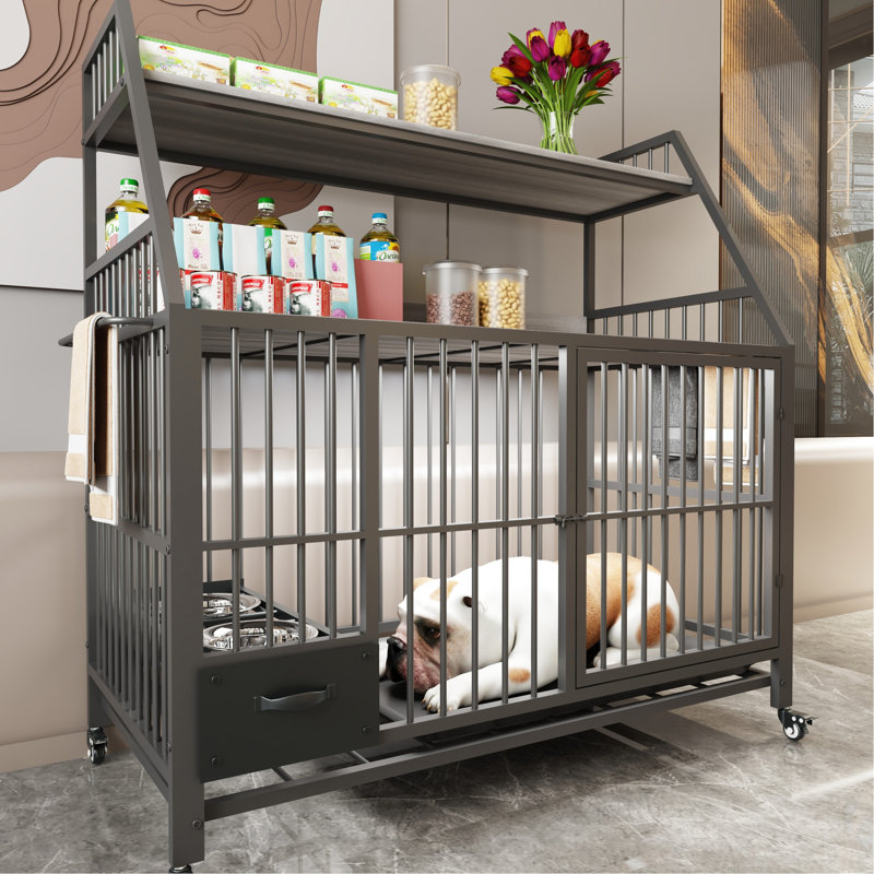 Grande cage en fer et pour animaux de compagnie - avec rangement pour cuve à nourriture et pratique, beige / noir, 34,98 po P, 22,92 po, l 49,24 po, pratique avec beige noir, largeur, profondeur, hauteur