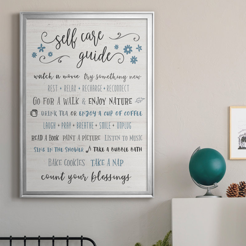Guide to Self Care - Cadre photo, art textuel sur toile, H 30,5 po x l 42,5 po x P 1,5 po, Cadre argenté