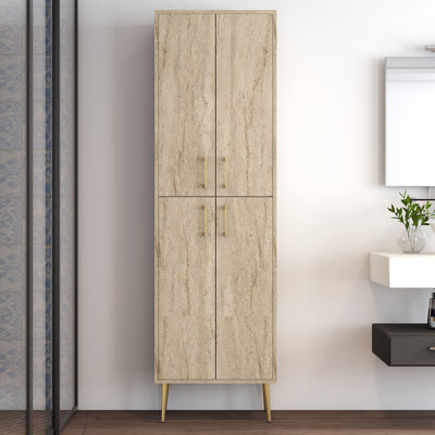 Paucker Modern Multi-Purpose Cabinet, Travertine Color, 23.6 x 78.7 x 13.8 inches | 100% Melamine Coated Particle Board, Thickness: 0.7 inches | Numerous Shelves, Wall-Mountable, Elegant Marble Concept for Home Organization