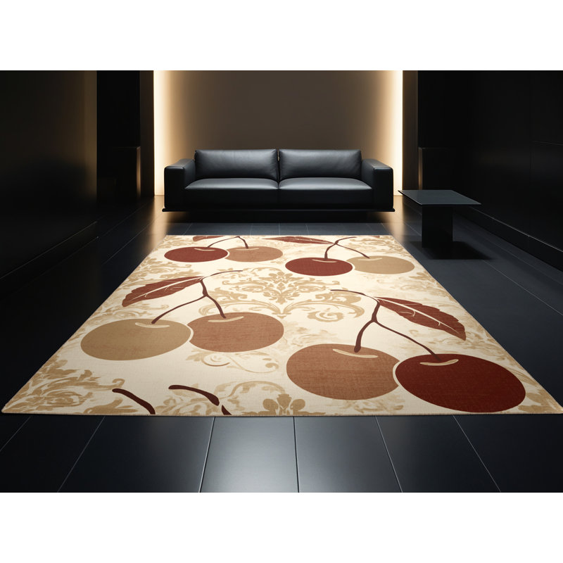 Machine Washable Elkton Cherry Classic Damask Rug in Beige – Beige Binding, 8x10