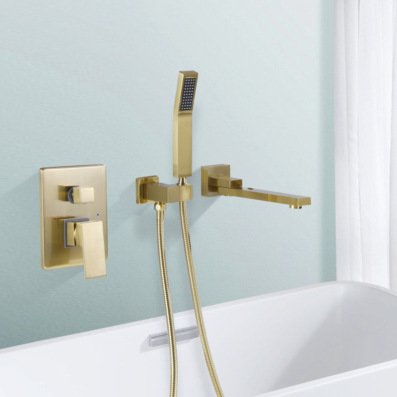10-2/5" Solid Brass Wall Mounted Bathtub Faucet with Handheld Shower, Brushed Gold