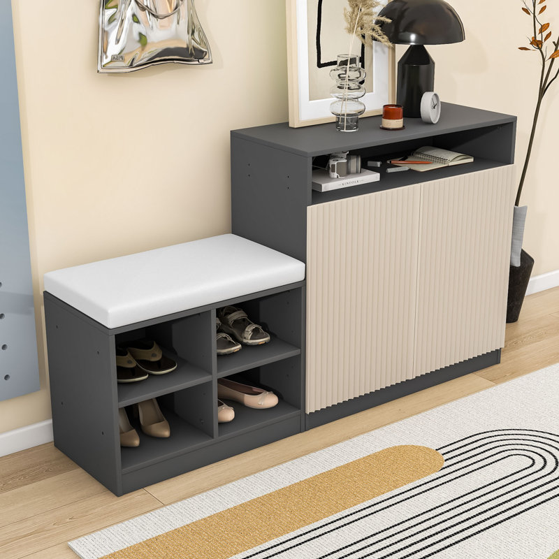 Banc à chaussures multifonctionnel - Tablettes, crochets et finition texturée ondulée, Beige gris