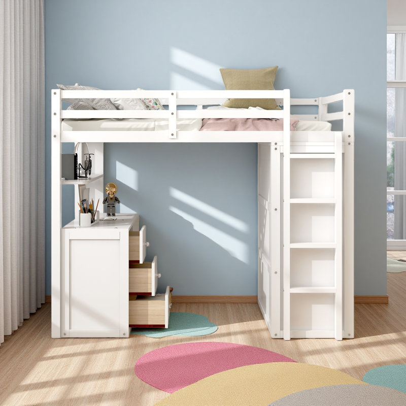 Lit mezzanine avec tiroirs, bureau et garde-robe, Lit simple, Blanc