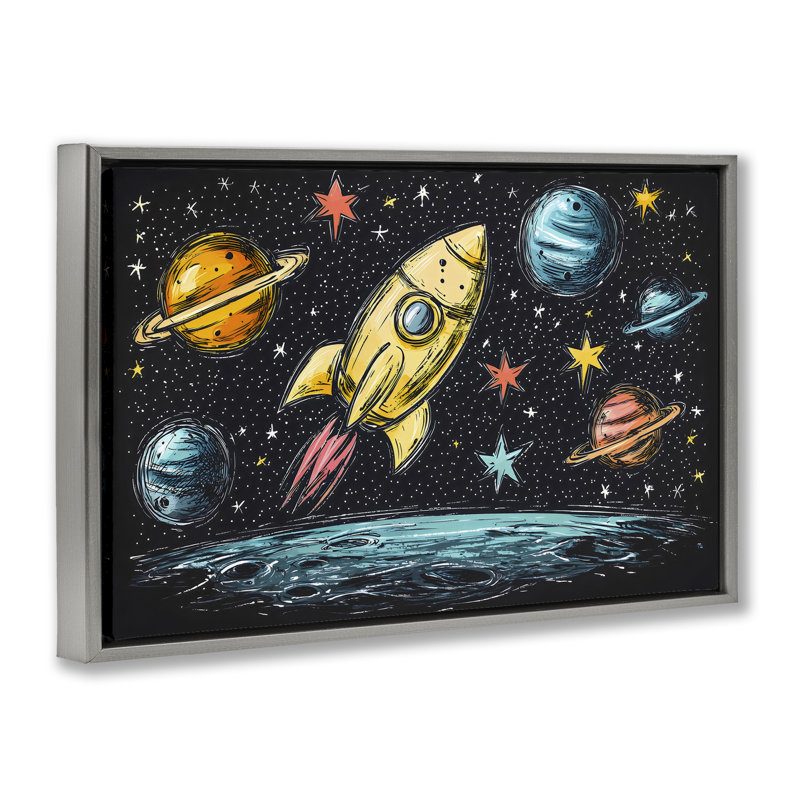 Cadre flottant Whimsical Rocket & Planets, design by Creative Studio, H 17 po x l 25 po, Cadre flottant gris lustré