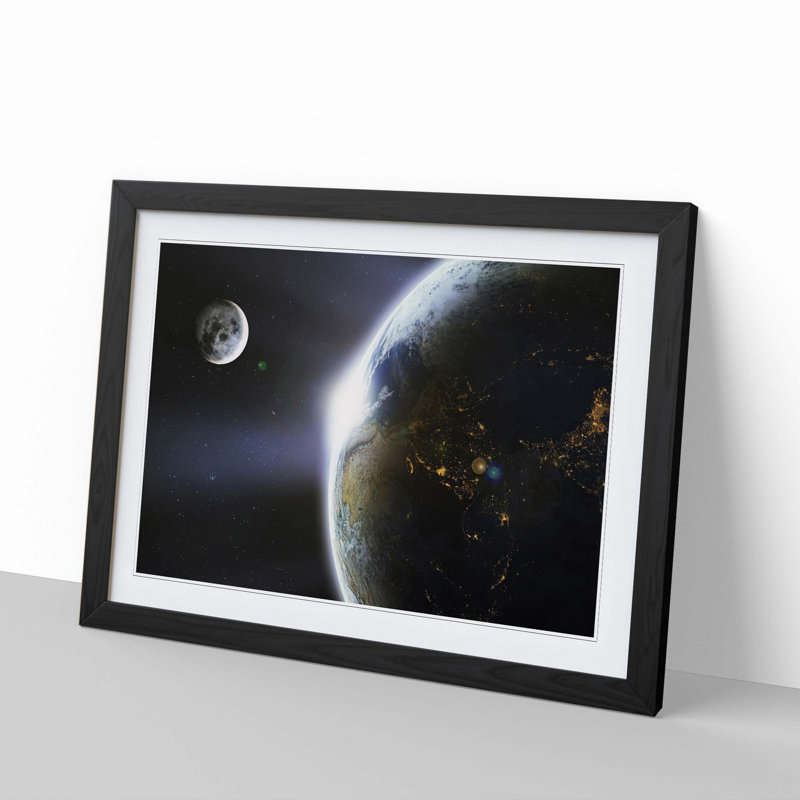 The Moon and Planet Earth - Picture Frame Photograph Print on MDF, 27cm H x 36cm W x 2cm D, Black Framed