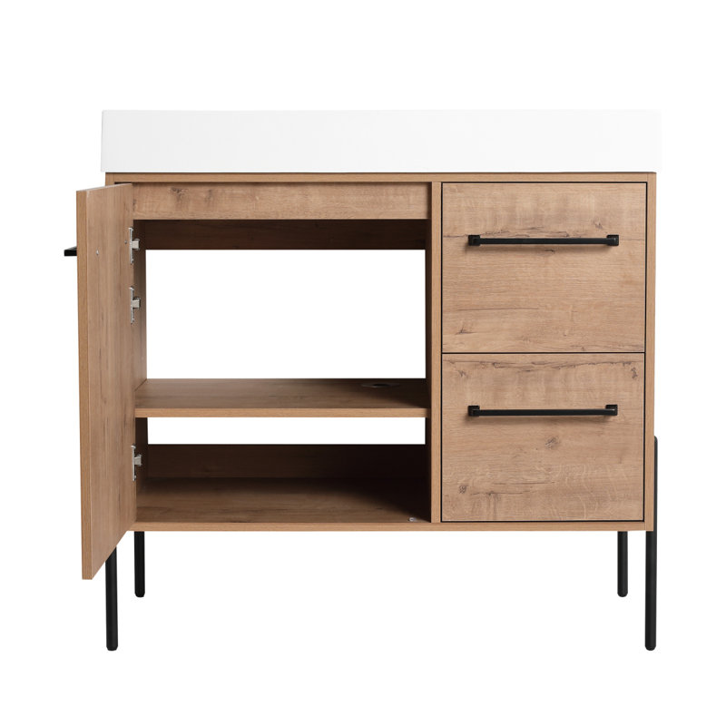 Meuble-lavabo sur pied 36 po avec lavabo en résine blanche et porte d'armoire à fermeture douce et 2 tiroirs ((KD-PACKING)