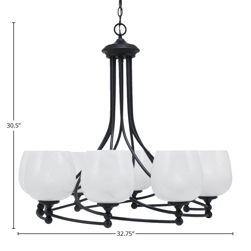 Sadea 8 Light Uplight Chandelier With 6" Bubble Glass, Matte Black, White