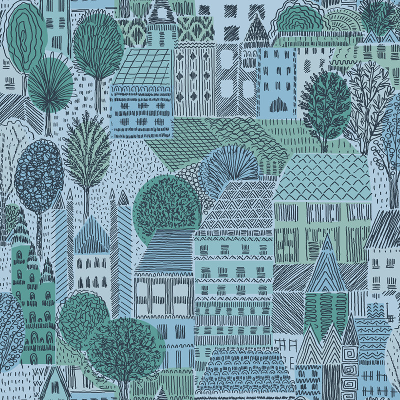 Papier peint adhésif charmant village charmant, Bleu