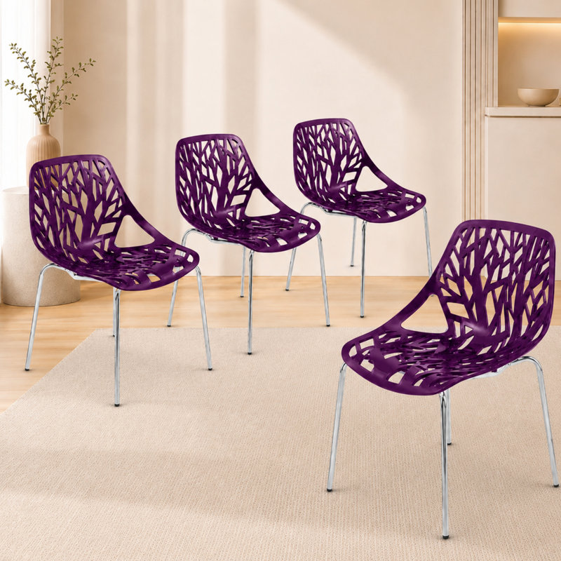 Chaise de salle à manger Hadda, chaise de cuisine moderne en polypropylène avec dossier ajouré inspiré d'un arbre, pieds en acier inoxydable, finition chromée, chaise d'appoint empilable pour salle à manger