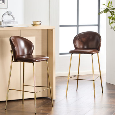 2 tabourets de bar d'intérieur, similicuir brun foncé, pieds dorés, coussin en mousse confortable, hauteur réglable pour la cuisine et la salle à manger, étable en métal, conception à dossier bas
