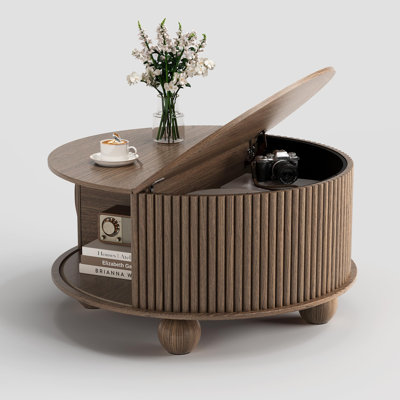 31.5" Mid Century Modern Walnut Fluted Drum Coffee Table with Storage, Sliding Door & Bun Feet